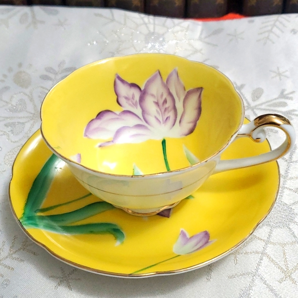 Merit China Teacup & Saucer Yellow and Purple Vintage